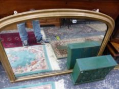 A LATE VICTORIAN OVER MANTLE MIRROR A SMALL GLAZED CABINET AND A SMALL MULTI DRAWER CHEST.