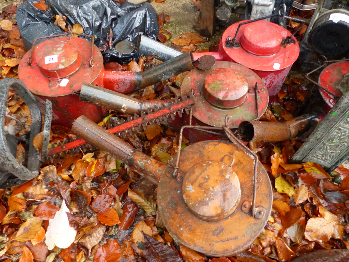 FOUR VINTAGE OIL CANS, SHOE LASTS, RAIN HOPPERS ETC.