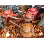 FOUR VINTAGE OIL CANS, SHOE LASTS, RAIN HOPPERS ETC.