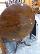 A GEORGIAN MAHOGANY TILT TOP TRIPOD TABLE AND TWO OCCASIONAL TABLES.