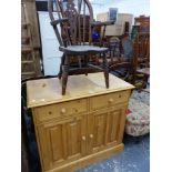 A CHILD'S WINDSOR ARMCHAIR AND A MODERN PINE SIDE CABINET.