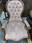 A VICTORIAN SHOW FRAME ARM CHAIR.