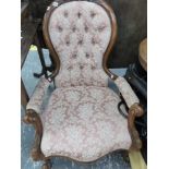 A VICTORIAN SHOW FRAME ARM CHAIR.