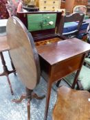 AN EDWARDIAN MAHOGANY SEWING TABLE AND A SMALL GEORGIAN TRIPOD TABLE.