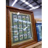 VINTAGE WILLS CIGARETTE CARDS IN CARVED OAK FRAME.