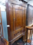 A GEORGIAN OAK AND INLAID CORNER CABINET ON STAND.