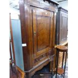 A GEORGIAN OAK AND INLAID CORNER CABINET ON STAND.