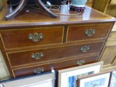 A MAHOGANY AND INLAID CHEST OF DRAWERS AND AN OCCASIONAL TABLE.