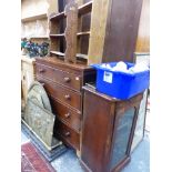 A VICTORIAN INLAID MUSIC CABINET, A MAHOGANY FOUR DRAWER CHEST, TWO WALL SHELVES AND OCCASIONAL TAB