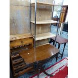 A FOLD OVER TEA TABLE, A WINE RACK AND A SHELF UNIT.