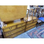 TWO MODERN CAMPAIGN STYLE CHEST OF DRAWERS, A DROP LEAF TABLE AND TWO STOOLS.