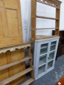 TWO PINE WALL SHELVES AND A PAINTED CORNER CABINET.