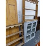 TWO PINE WALL SHELVES AND A PAINTED CORNER CABINET.