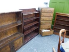 A GEORGIAN OAK CORNER CABINET, A VICTORIAN MAHOGANY BOOKCASE, TWO FURTHER BOOKCASES, AND AN ART DECO