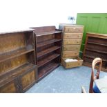 A GEORGIAN OAK CORNER CABINET, A VICTORIAN MAHOGANY BOOKCASE, TWO FURTHER BOOKCASES, AND AN ART DECO