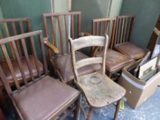 A SET OF FIVE EARLY 20th C. DINING CHAIRS AND AN OXFORD CHAIR.