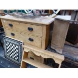 AN EDWARDIAN SATIN WOOD CHEST OF DRAWERS, TWO PINE WALL SHELVES AND A MAHOGANY OCCASIONAL TABLE.