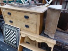 AN EDWARDIAN SATIN WOOD CHEST OF DRAWERS, TWO PINE WALL SHELVES AND A MAHOGANY OCCASIONAL TABLE.