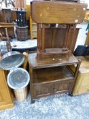TWO VICTORIAN WARMING PANS, WALKING STICKS, A DRINKS TROLLEY, AND TWO INLAID OCCASIONAL TABLES.
