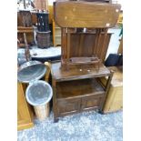 TWO VICTORIAN WARMING PANS, WALKING STICKS, A DRINKS TROLLEY, AND TWO INLAID OCCASIONAL TABLES.