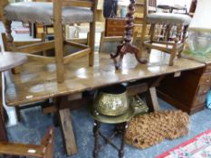 A BESPOKE 17th C. STYLE OAK TAVERN TABLE, A SET OF SIX SIMILAR DINING CHAIRS AND ONE FURTHER CHAIR