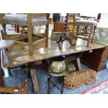 A BESPOKE 17th C. STYLE OAK TAVERN TABLE, A SET OF SIX SIMILAR DINING CHAIRS AND ONE FURTHER CHAIR