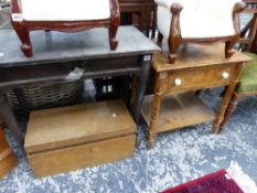 A GEORGIAN SIDE TABLE, A SMALL PAINTED SIDE TABLE, AND A TOOL BOX.