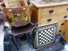 A CHESS BOARD, A LARGE COPPER AND BRASS LOG BIN ETC.