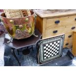 A CHESS BOARD, A LARGE COPPER AND BRASS LOG BIN ETC.