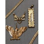 14ct JEWELLERY TO INCLUDE A GOLDEN EAGLE PENDANT, A CARTOUCHE NAMED HELGA, A TRIPLE HEART PENDANT