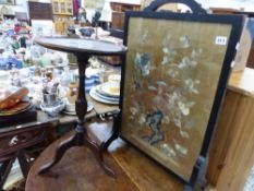 TWO ANTIQUE HALL MIRRORS, A STOOL A WINE TABLE AND A FIRE SCREEN.