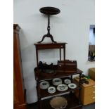 A VICTORIAN TREE TIER DUMB WAITER, A GEORGIAN TRIPOD TABLE AND AN OCCASIONAL TABLE.