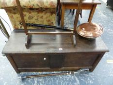 AN 18th C. OAK COFFER, A BRASS OIL LAMP STAND, A WARMING PAN, AND A SHOOTING STICK ETC.