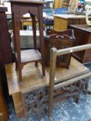 AN ANTIQUE ELM BLANKET BOX, A CARVED GOTHIC PANEL, A TABLE CABINET, PLANT STAND AND A TOWEL RAIL.