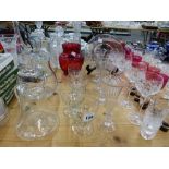 A QUANTITY OF 19th C. AND LATER GLASS WARES, INC. CRANBERRY, A SILVER MOUNTED JUG, DECANTERS ETC.