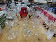 A QUANTITY OF 19th C. AND LATER GLASS WARES, INC. CRANBERRY, A SILVER MOUNTED JUG, DECANTERS ETC.