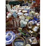 AN EXTENSIVE COLLECTION OF ANTIQUE AND LATER DECORATIVE CHINA, GLASS, METAL WARES, FIGURINES ETC.