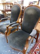 A PAIR OF FRENCH STYLE SHOW FRAME ARM CHAIRS.