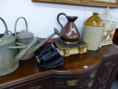 A LARGE GALLON COPPER JUG, A FLAGON, ORNAMENTAL BIRD CAGE, BIBLE ETC.