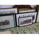A SET OF FRAMED MILITARY PRINTS, COSTUME PRINTS AND OTHER DECORATIVE PICTURES.