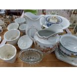 SIX VARIOUS JELLY MOULDS INC. SHELLEY, VARIOUS WASH JUGS, BOWLS ETC.