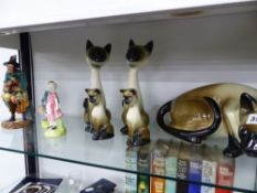 THREE ROYAL DOULTON FIGURINES AND FIVE SIAMESE CAT FIGURES.