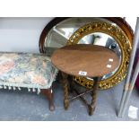 TWO VINTAGE WALL MIRRORS, A STOOL AND A SMALL TABLE.