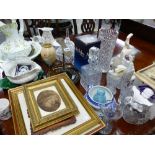 AN ART DECO VINTAGE SHOE SHOP DISPLAY STAND, VARIOUS PRINTS, CUT GLASS WARES, DECORATIVE CHINA ETC.