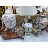 THREE ORIENTAL STYLE TABLE LAMPS, BELLOWS ETC.