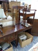 A 19th C. MAHOGANY SMALL SIDE BOARD TOGETHER WITH A FOLD OVER TEA TABLE, A PIANO STOOL AND A