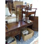 A 19th C. MAHOGANY SMALL SIDE BOARD TOGETHER WITH A FOLD OVER TEA TABLE, A PIANO STOOL AND A