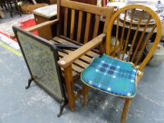 A HARDWOOD GARDEN CHAIR, A KITCHEN CHAIR AND FIRE SCREEN.