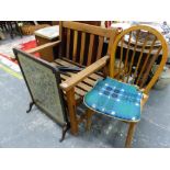 A HARDWOOD GARDEN CHAIR, A KITCHEN CHAIR AND FIRE SCREEN.