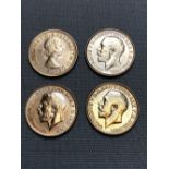 FOUR 22ct GOLD FULL SOVEREIGN COINS, THREE EDWARDIAN DATED 1911 AND ONE DATED 1958 ELIZABETH.